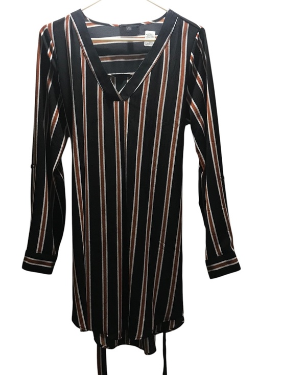 MINE Striped Long Sleeve Wrap Dress | Black Rust White Belted Midi - Picture 2 of 14
